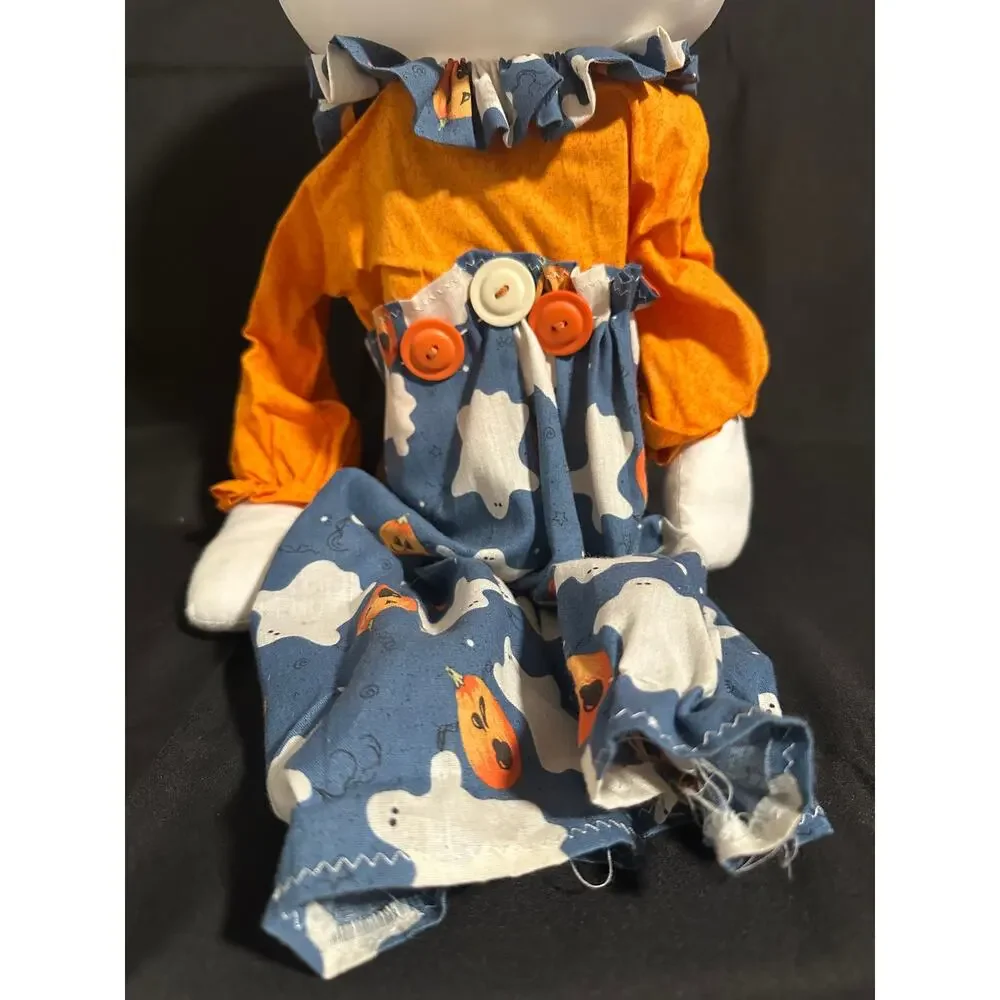 Halloween Ghost Figure Doll Wood Body Pumpkin Ghost Outfit Folk Art Decor